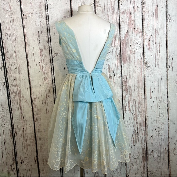🎉HP🎉 Vintage 50s Cocktail Hostess Party Floral Dress Flocked Lace Chiffon SZ S - Picture 4 of 17